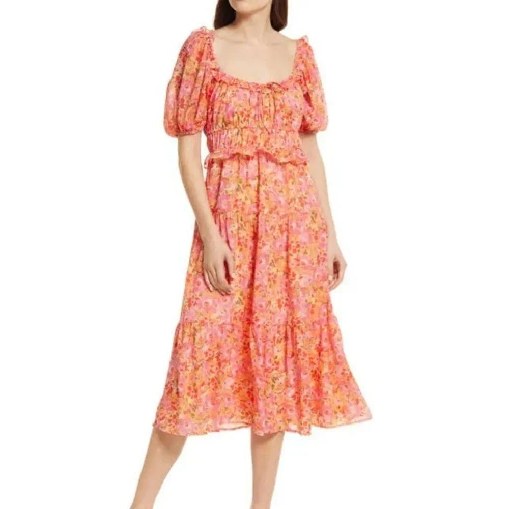 NSR Paloma Floral Print Tiered Midi Dress in Coral Watercolor in Size Small